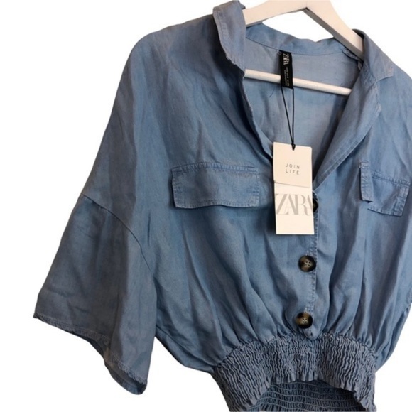 Zara Chambray Blue Buton Down Crop Top New - Picture 2 of 6